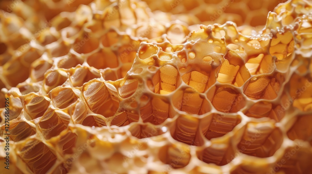 Poster golden honeycomb texture with hexagonal cells closely arranged, illuminated by soft warm light, show