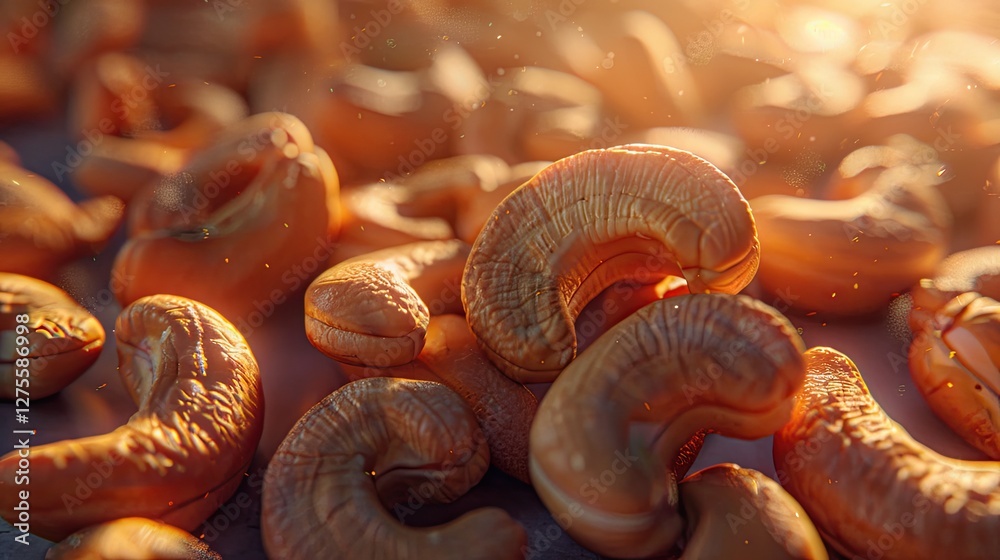 Poster Golden cashew nuts scattered on a wooden surface with warm light shining from the top creating a rich glowing effect and soft shadows.
