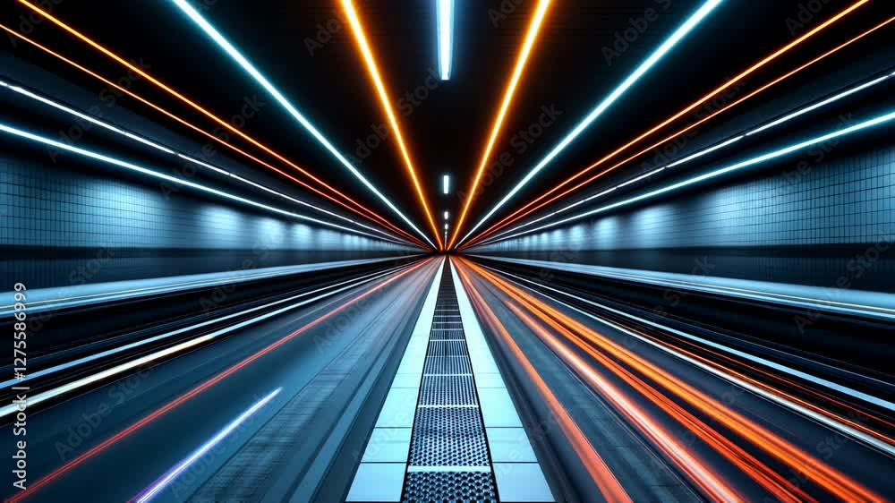 Poster futuristic neon tunnel with dynamic light trails and symmetrical patterns