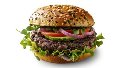Grilled black bean burger on sesame seed bun with avocado tomato red onion and microgreens on white background vibrant green and brown elements