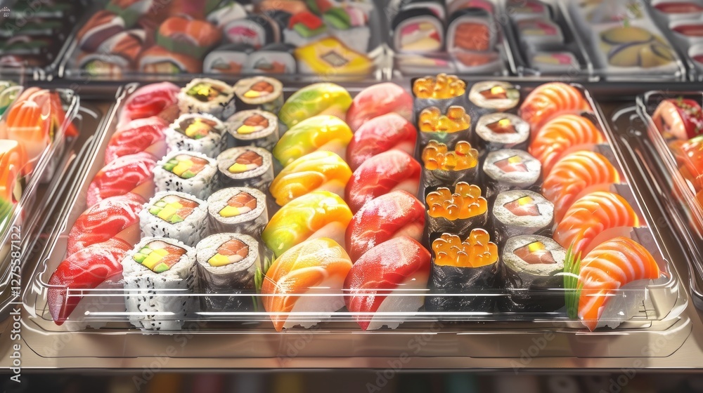 Poster colorful selection of sushi varieties arranged in rows in a clear display tray featuring vibrant yel