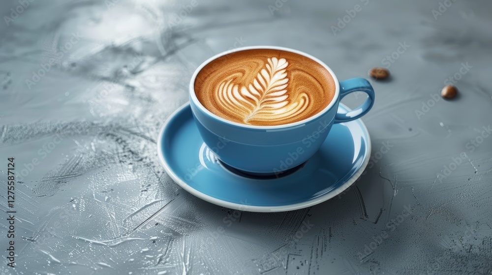 Poster cappuccino in blue cup with latte art on textured gray surface with scattered coffee beans creating 