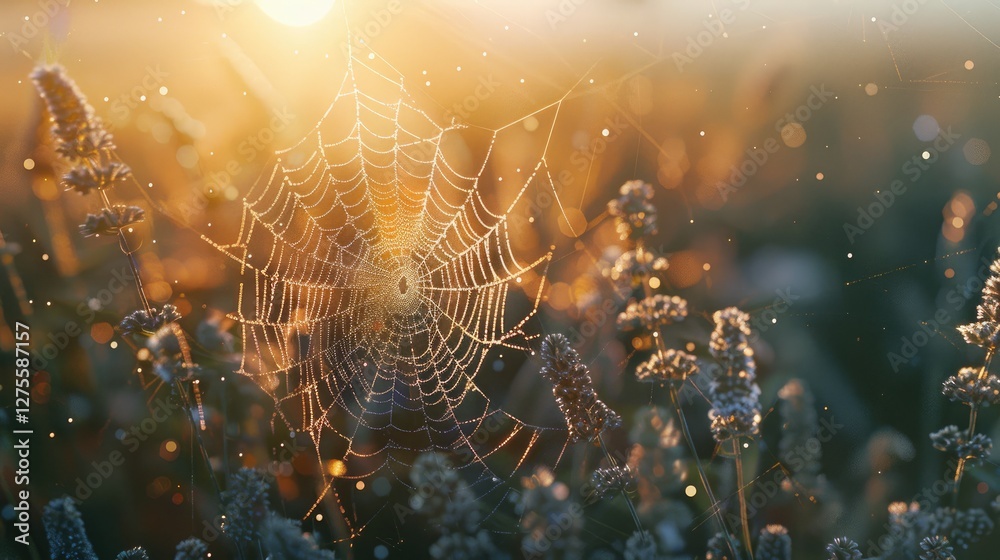 Aufkleber delicate spider web glistening in golden sunlight between green grass blades with soft bokeh highlig