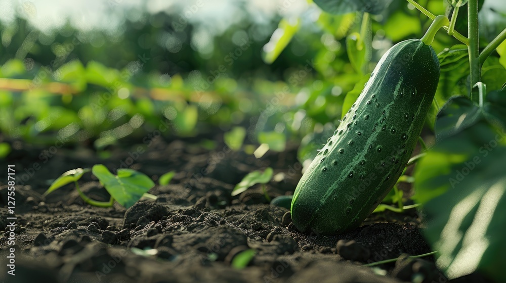 Poster overripe cucumber nestled in rich dark soil surrounded by vibrant green cucumber plants under soft s
