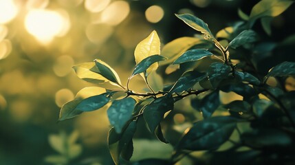 Obraz premium Sunlit green leaves on a branch.