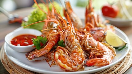 Crispy fried seafood platter featuring shrimp with vibrant red sauce and fresh lemon slices on a white plate with green lettuce garnish.