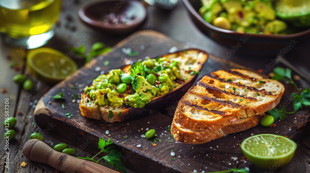 Poster avocado and edamame tartare on grilled bread with cilantro on rustic wooden table featuring greens a