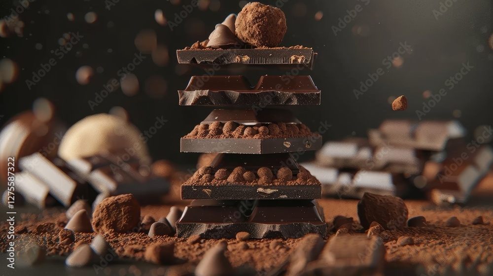 Poster Stacked chocolate bars and truffles dusted with cocoa powder against a dark background with scattered chocolate pieces and debris around them.