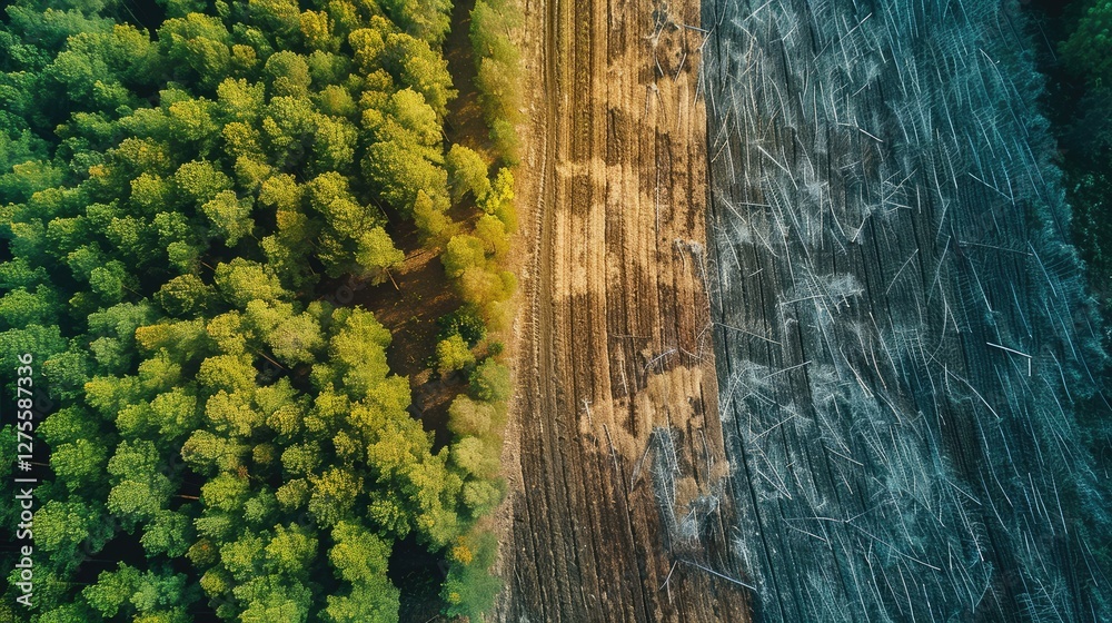 Poster Aerial view showcasing a lush green forest on the left transitioning to a cleared land on the right with tree stumps and earth tones.