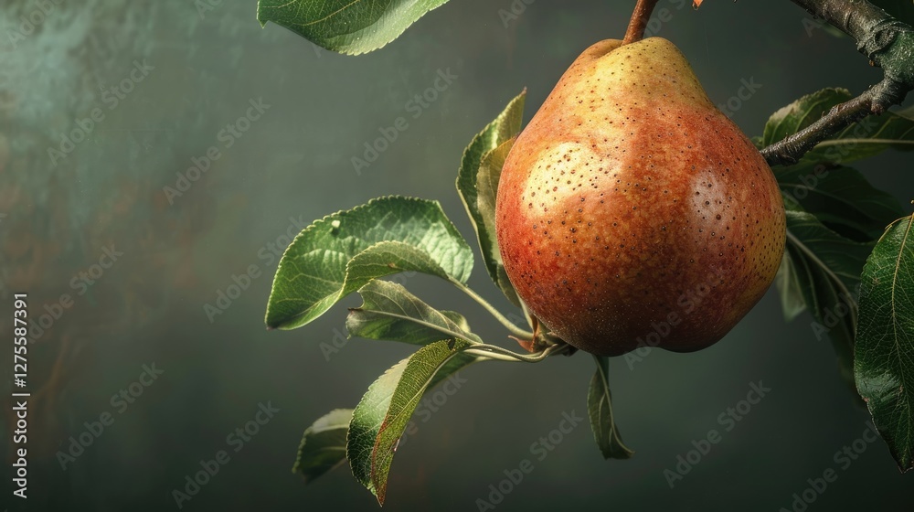 Leinwandbilder glistening red pear hanging on a branch amidst lush green leaves with a soft blurred background crea