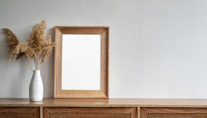 Minimalist White Interior with Elegant Wooden Art Frame Empty Canvas, Ideal for Artistic Expression, Home Decor, or Digital Design Inspiration