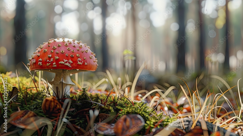 Aufkleber vibrant red fly agaric mushroom surrounded by green moss and pine needles in a serene autumn forest 