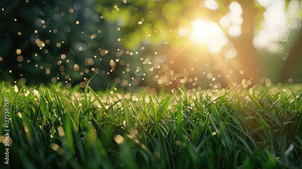 Leinwandbilder sunlight streaming through trees onto dew-kissed grass with a shallow depth of field highlighting th