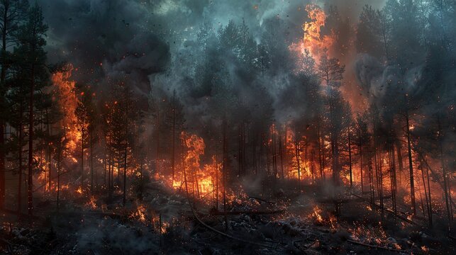 Intense flames and thick smoke engulfing a dense forest with tall trees in fiery orange and dark grey hues, highlighting a devastating wildfire scene.