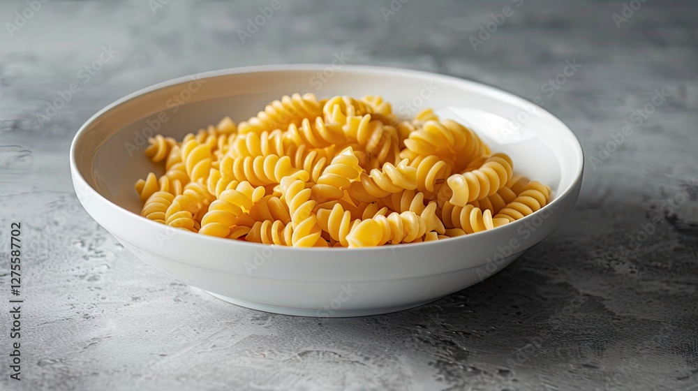 Poster raw fusilli pasta arranged in a white bowl centered on a textured gray background with soft lighting