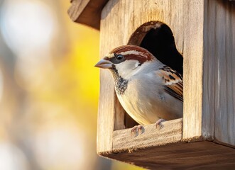 Close-up of a sparrow nestled in a wooden birdhouse with a beautifully blurred natural background.