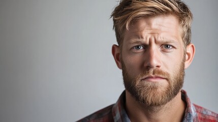 Obraz premium Portrait of a pensive young man with a beard, showcasing a serious expression and intense gaze.