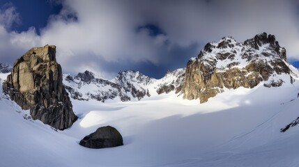 Breathtaking Winter Mountain Panorama: Majestic Snow-Covered Peaks and Glaciers