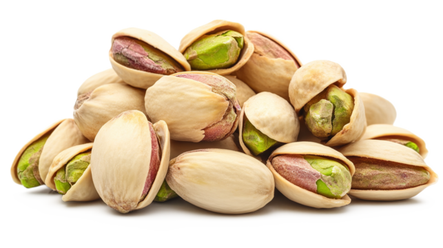 Close-up of a pile of pistachio nuts isolated on a transparent background