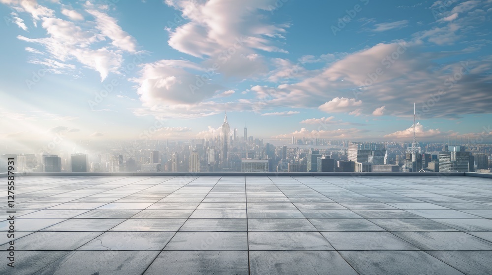 Aufkleber panoramic city skyline view featuring a vast empty concrete floor in the foreground with clear blue 