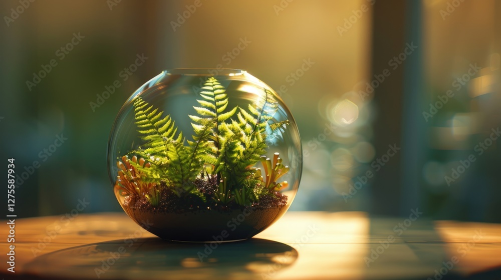 Poster Lush green ferns in a glass terrarium illuminated by soft golden light on a wooden table creating a tranquil natural ambiance.
