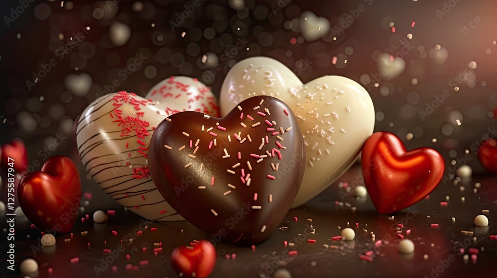 Aufkleber valentine's day chocolate hearts arranged artfully with sprinkles on a soft blurred background featu