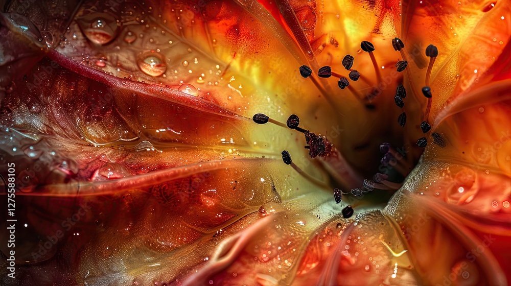 Poster vibrant macro shot of colorful flower petals in shades of orange and red with delicate water droplet