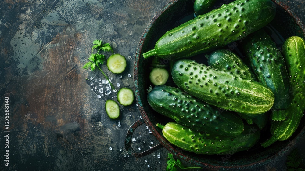 Aufkleber fresh green cucumbers arranged in a dark bowl on a rustic surface, with sliced cucumbers and herbs o