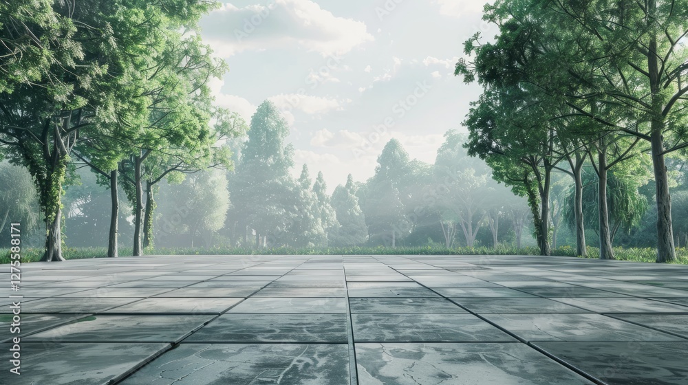 Leinwandbilder Serene empty square floor with wet tiles in forefront, surrounded by lush green trees and soft light filtering through a natural landscape.