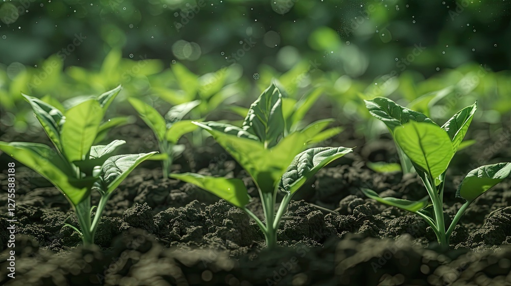 Poster green tobacco seedlings in fertile soil with vibrant green leaves, arranged in rows, illuminated by 