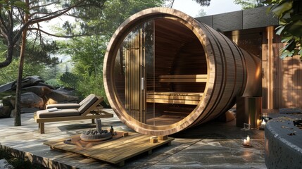 Natural wood sauna barrel with a spacious veranda, surrounded by greenery, featuring a lounge chair, candles, and a stone pathway, ideal for relaxation.