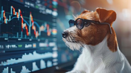 Jack Russell Terrier dog with glasses studies financial stock market charts on a glowing digital screen with colorful graphs and data displays.
