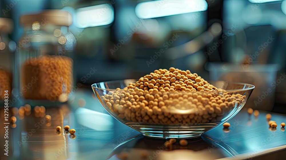 Poster close-up of a glass bowl filled with dry soybeans on a reflective surface with blurred laboratory ja