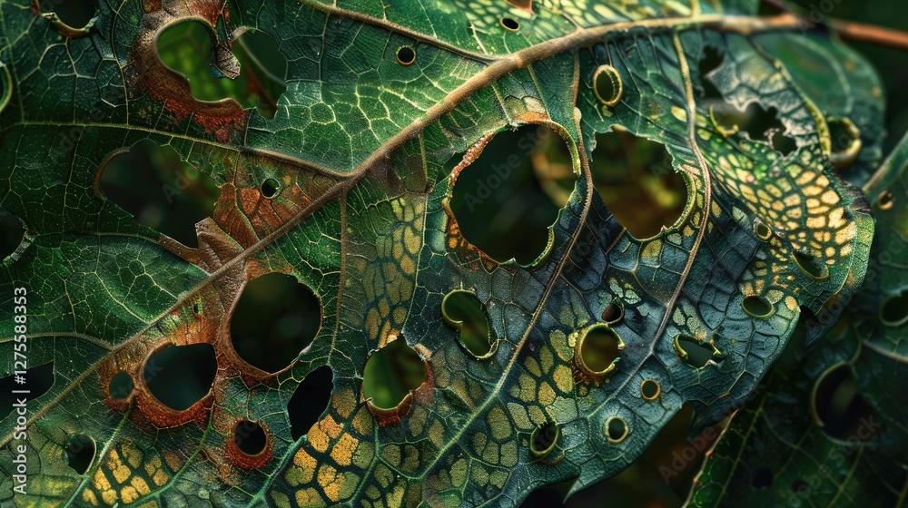 Poster close-up view of a textured green leaf featuring irregular holes from insect damage with hues of bro