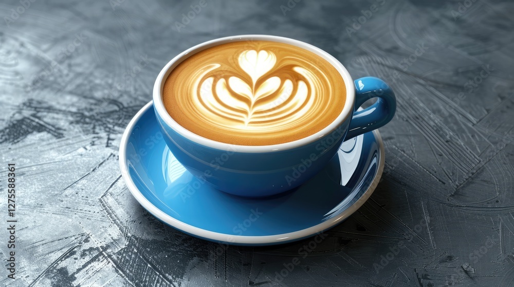 Aufkleber cappuccino with intricate latte art in a vibrant blue cup on a textured gray surface creating a cozy