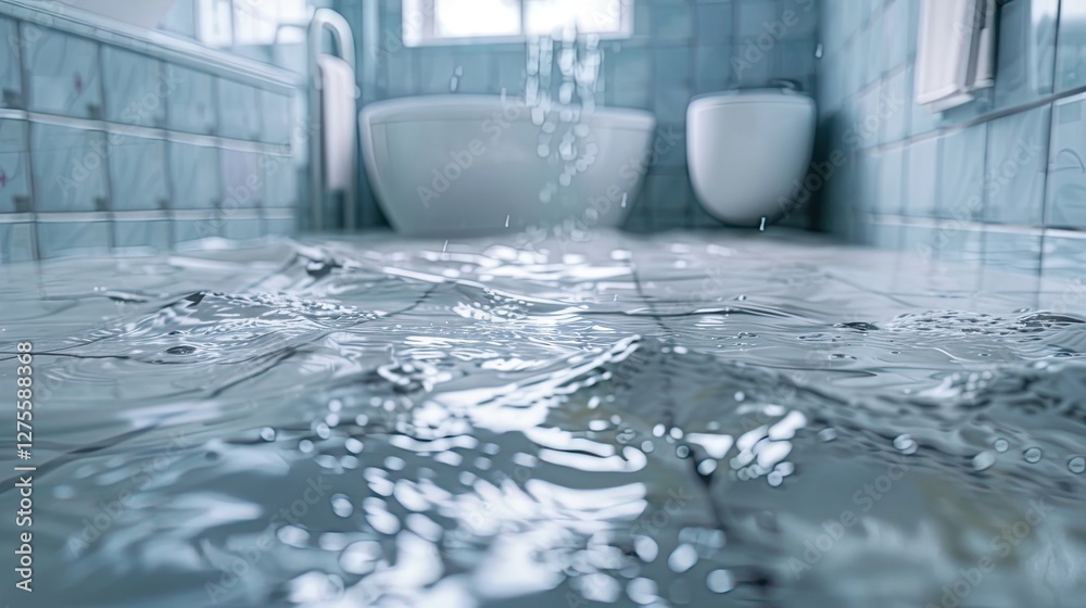 Aufkleber clean water floods over white ceramic tiles in a bathroom, creating ripples on a glossy surface unde