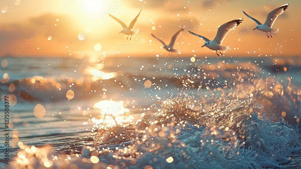 Poster Seagulls soaring over sparkling ocean waves at sunset with a golden hue and dreamy bokeh effect in the background creating a serene atmosphere