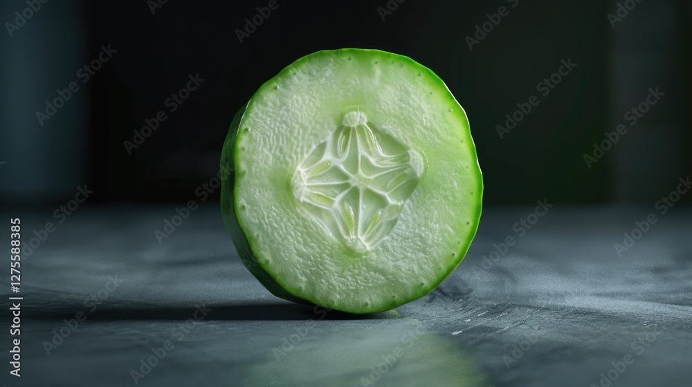 Poster Fresh cucumber slice showcasing intricate seed pattern and vibrant green skin, centered on a dark textured surface with soft lighting effects.
