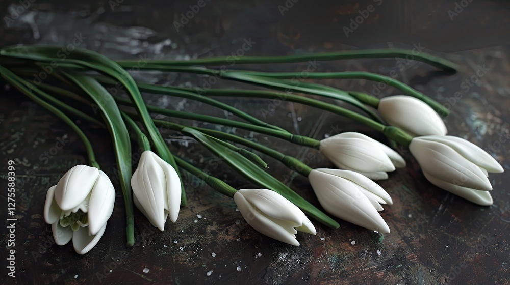 Poster diy crafting process of white snowdrop flowers arranged on a dark textured surface with green stems 