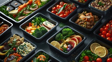 Healthy gourmet meal boxes arranged in a grid featuring colorful vegetables fruits and grains in black containers on a dark background