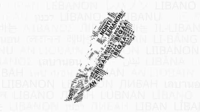 Lebanon intro animation. Country with regions illustration video. Background with country names in various languages. Regions of Lebanon animation. Beautiful video.