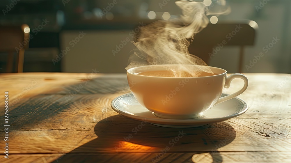 Poster vintage white cup of steaming tea on a rustic wooden table with warm sunlight creating soft shadows 