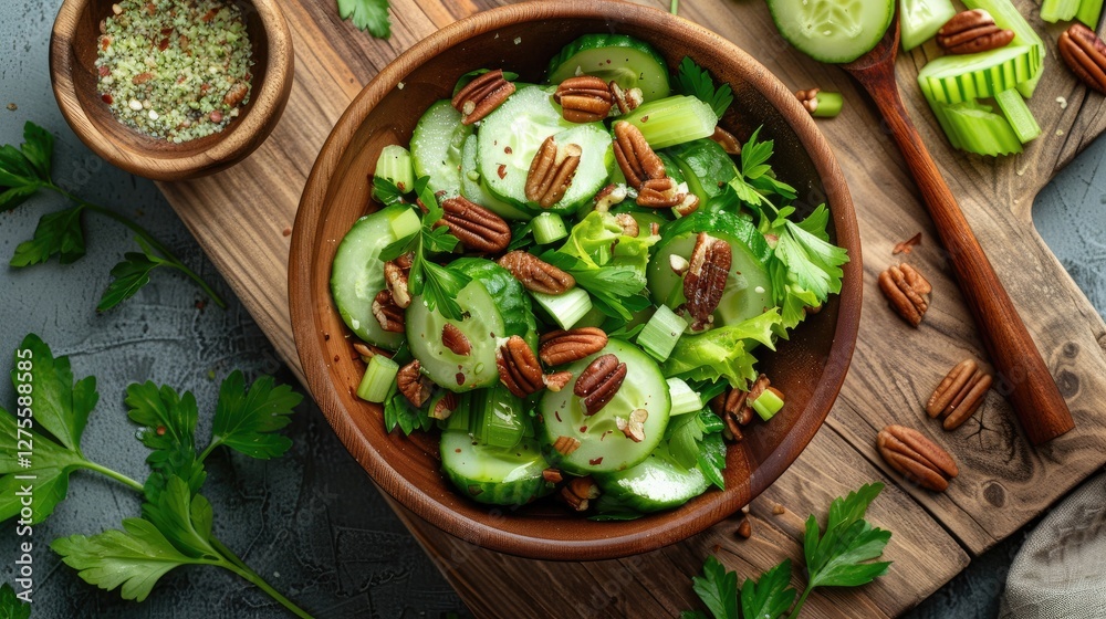Poster fresh cucumber and celery salad with pecans in a wooden bowl on a rustic board surrounded by herbs a