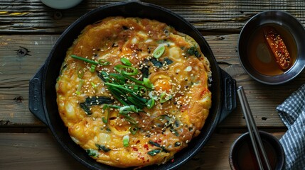 Korean seafood pancake Jeon served in a skillet with green onions and sesame, accompanied by makgeolli in a rustic wooden setting.