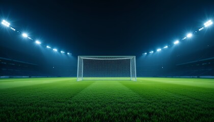 Illuminated soccer stadium showcasing vibrant green pitch and goalpost