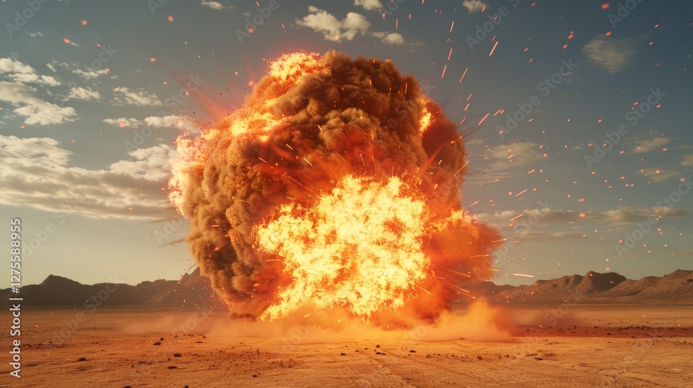 Aufkleber Controlled explosion creating a large fiery cloud in a desert landscape with blue sky and scattered clouds in the background showcasing dynamic energy.