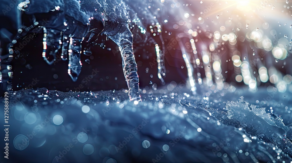 Poster close up of melting icicles with sparkling water droplets illuminated by sunlight, showcasing the tr