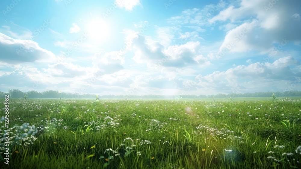 Poster vast open green field dotted with wildflowers under a bright blue sky with soft fluffy clouds, captu