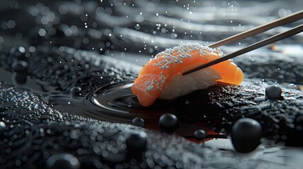 Salmon nigiri sushi held by wooden chopsticks dipped in soy sauce on a textured background of black sand with water droplets and contrasting colors.