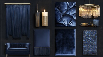 A richly detailed grid-style interior design mood board, showcasing opulent textures and materials for an outdoor cabaret-inspired event. Features include deep midnight blue velvet swatches with